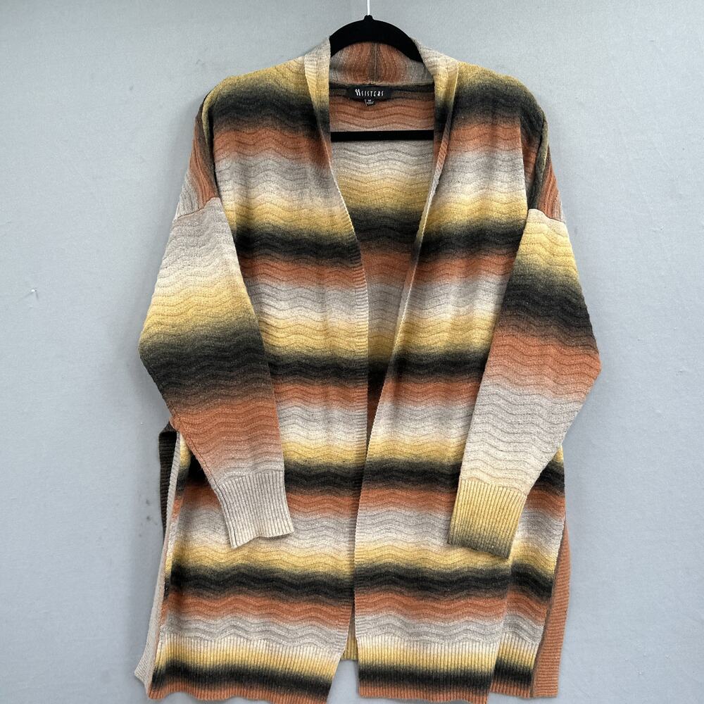 Sisters Cardigan Sweater Womens M Open Front Stripe Ribbed Boho Long Warm Tone
